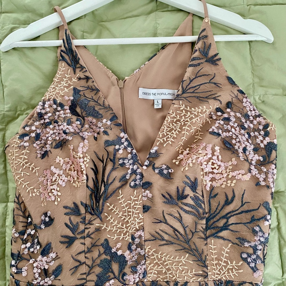 Dress the Population Beige gown with Pink & Gray Floral Embroidery